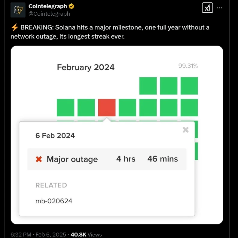 Solana Network Operates Stably for One Year Without Downtime, Setting Historical Record