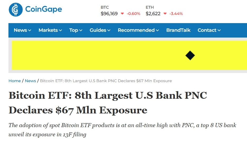 US Eighth-Largest Bank PNC Reveals Increased Investment in Bitwise Bitcoin ETF to Approximately $67 Million